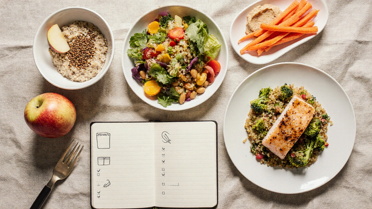A day's worth of fiber‑rich foods arranged on a table with a notebook showing checked checklist items.