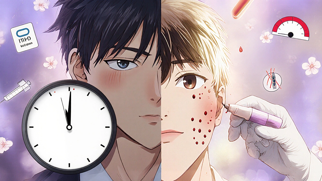 A patient skipping a morning blood thinner dose before a laser treatment, with floating medical icons and minimal bleeding.