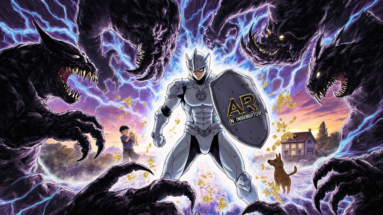 A warrior in armor fighting dark cancer cells inside a human body, with glowing energy.