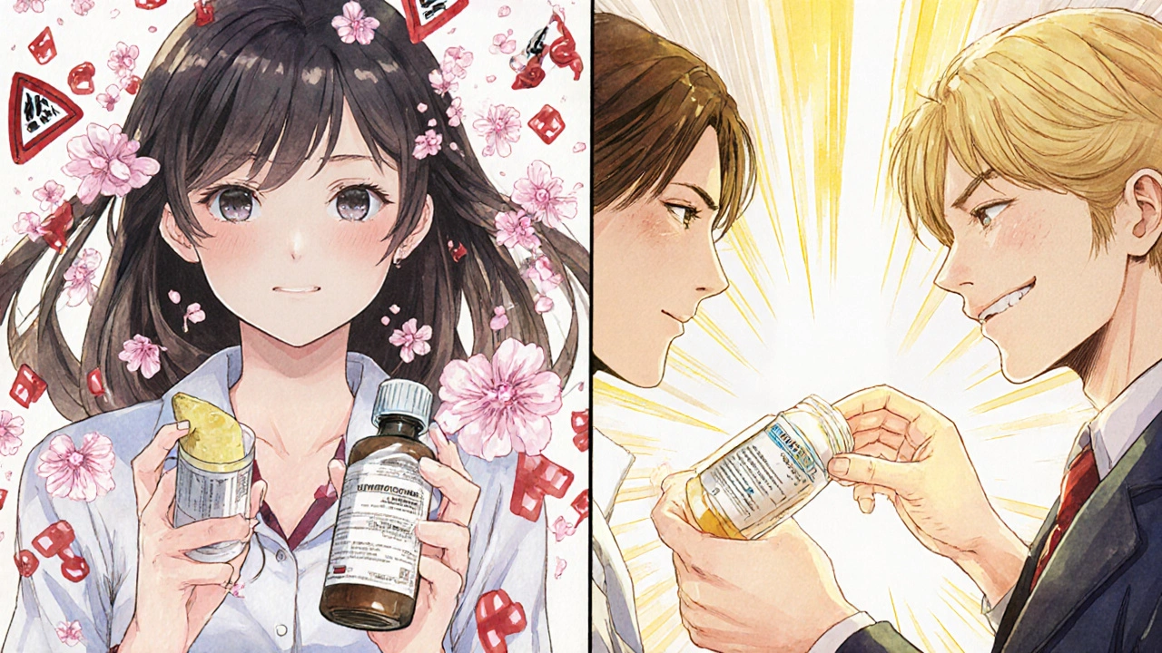 A woman transitioning from a risky medication to a safer one, symbolized by light and cherry blossoms.
