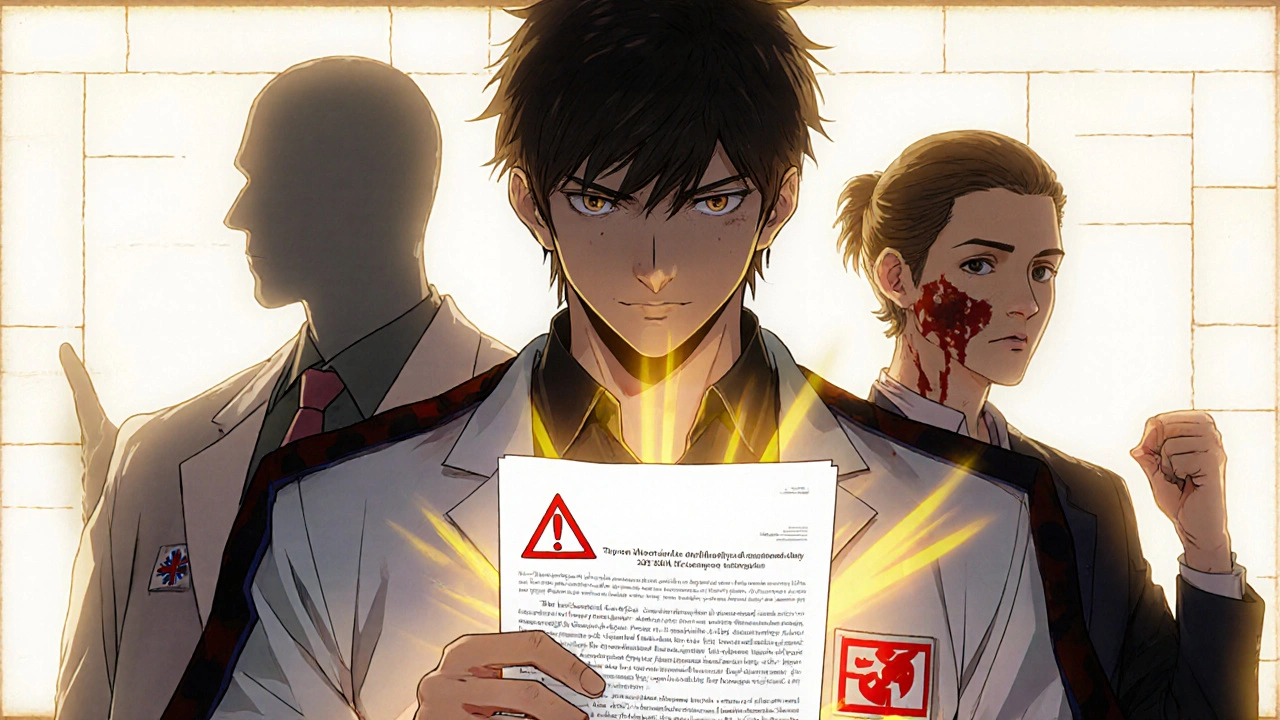 A young man confidently holding medical guidelines against an outdated medical figure, with glowing bruising and supportive doctors behind him.