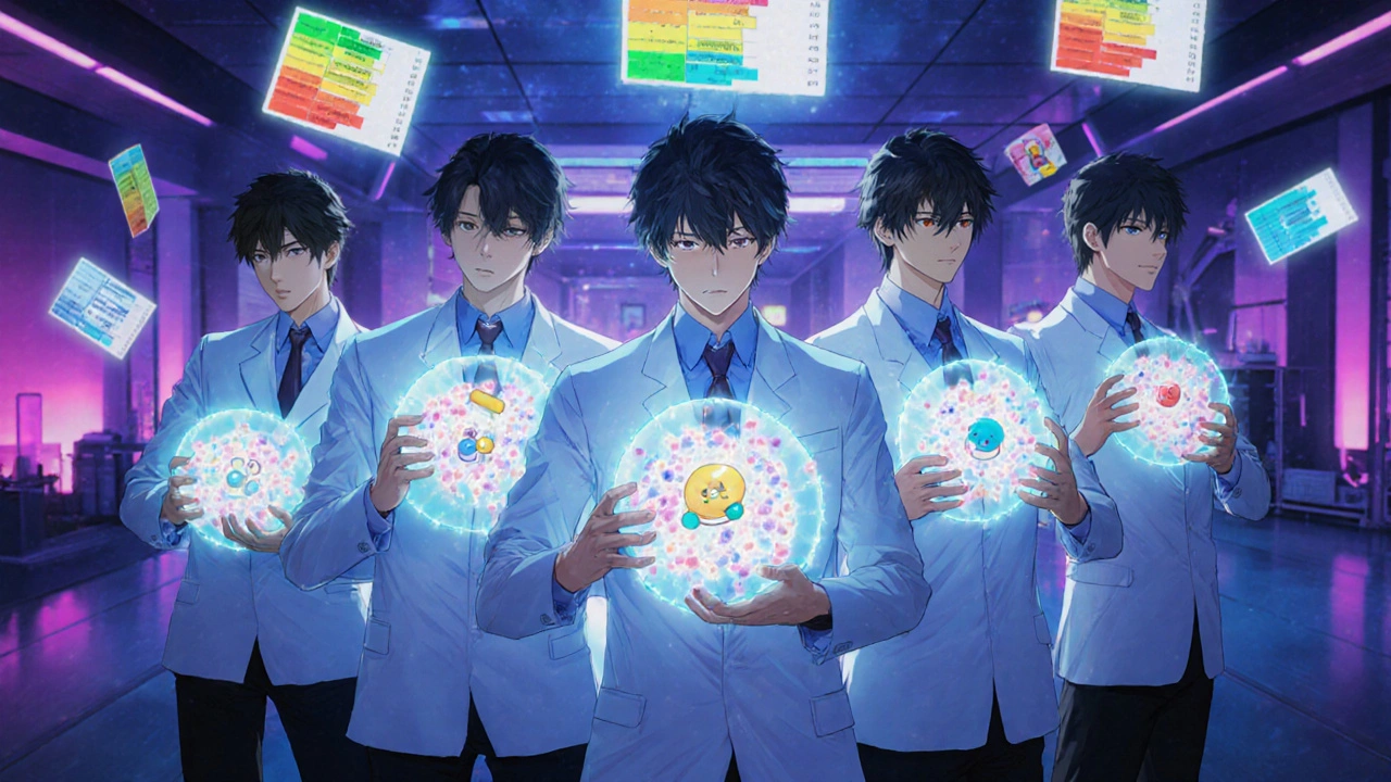 Bishounen characters personify five antibiotics with floating molecular models.