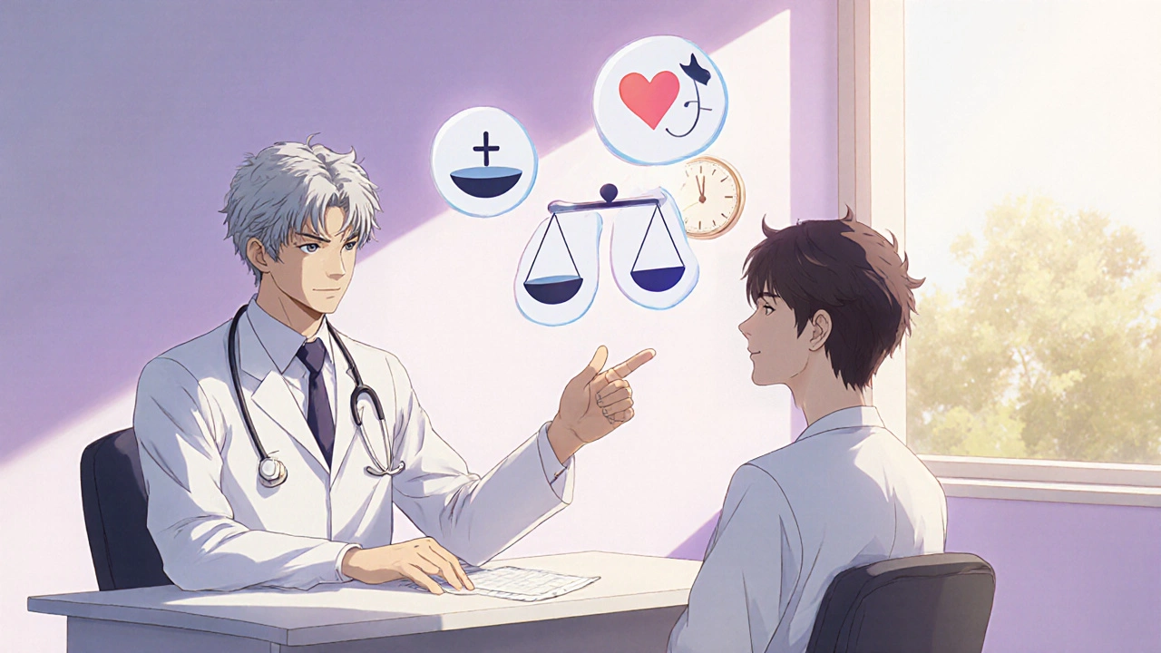 Bishounen doctor consulting patient, with floating icons balancing benefits and side effects.