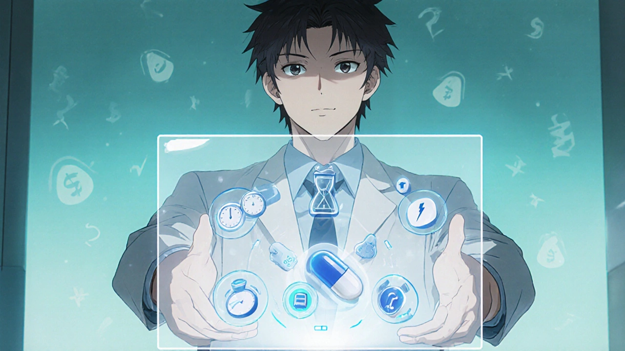 Bishounen doctor with holographic table showing pills and icons for onset, duration, side effects, and cost.