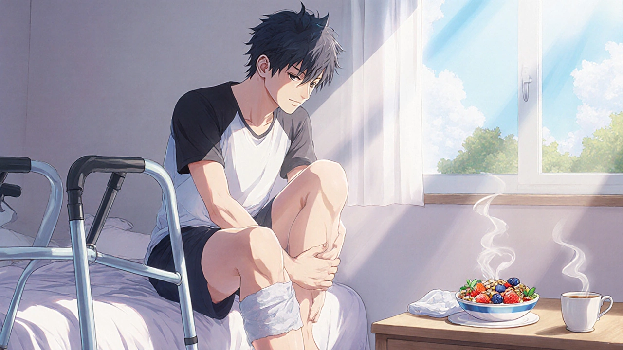 Bishounen doing ankle pumps and shoulder rolls with walker, yogurt bowl, and ice pack.