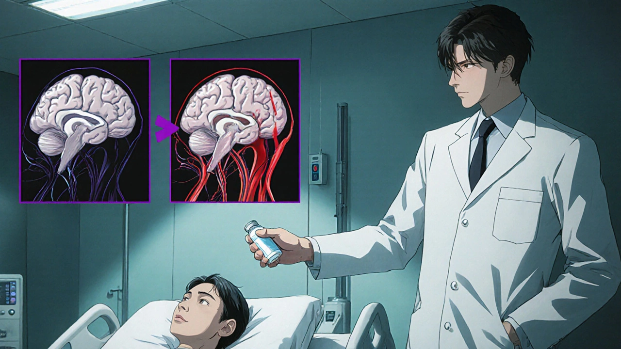 Bishounen neurosurgeon giving Nimodipine to a patient with vessel illustration.