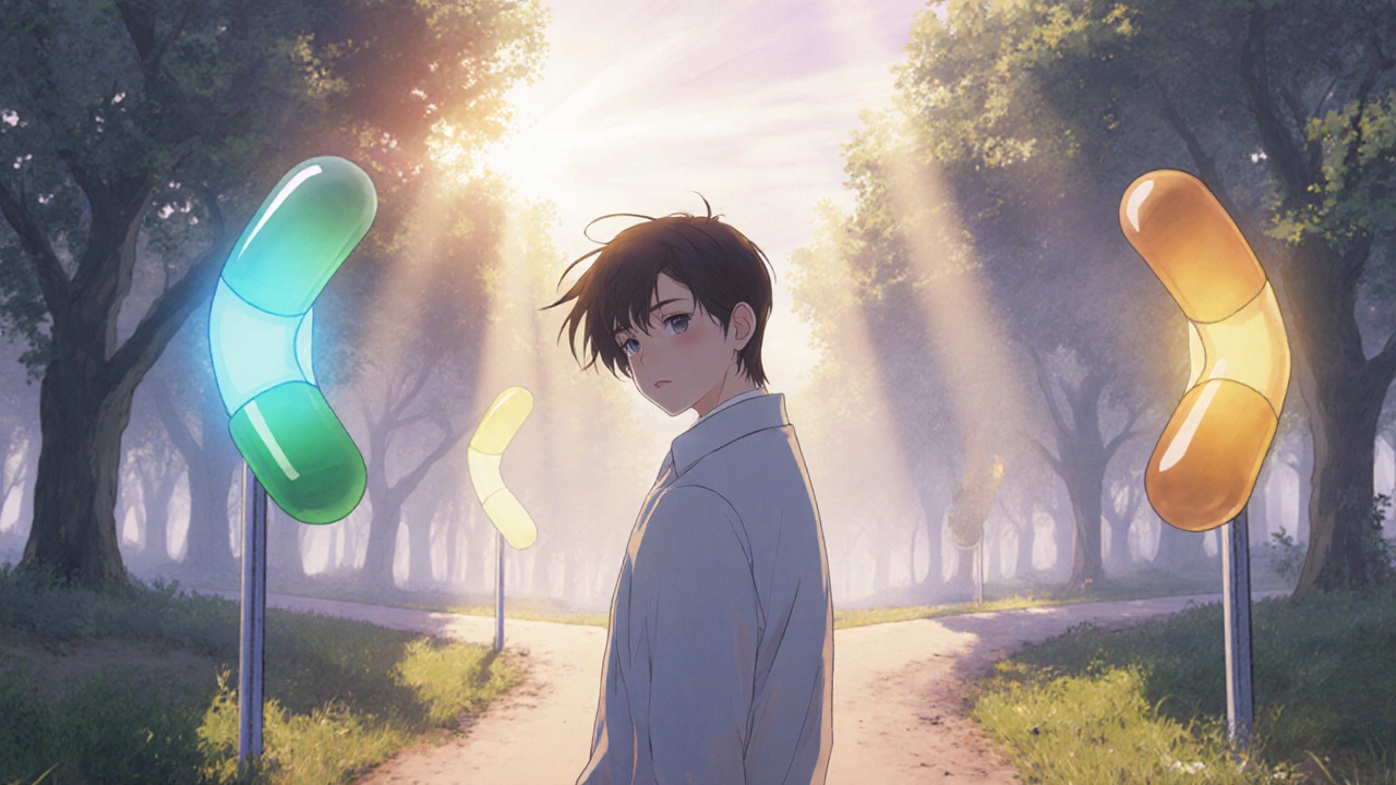 Bishounen patient at a fork in the road with glowing pill-shaped paths.
