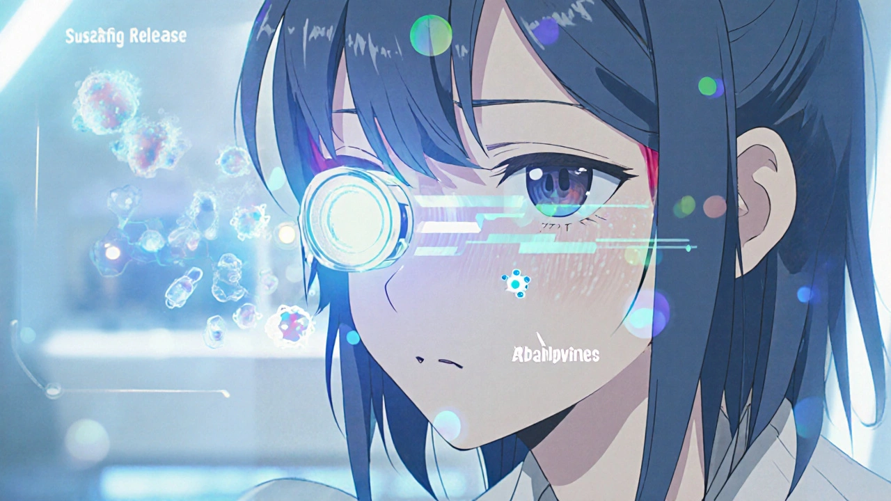 Bishounen patient wearing a futuristic contact lens releasing besifloxacin under holographic display.
