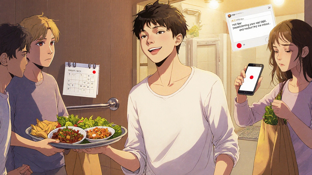 Bishounen surrounded by friends bringing meals, calendar with appointment, and safe bathroom.