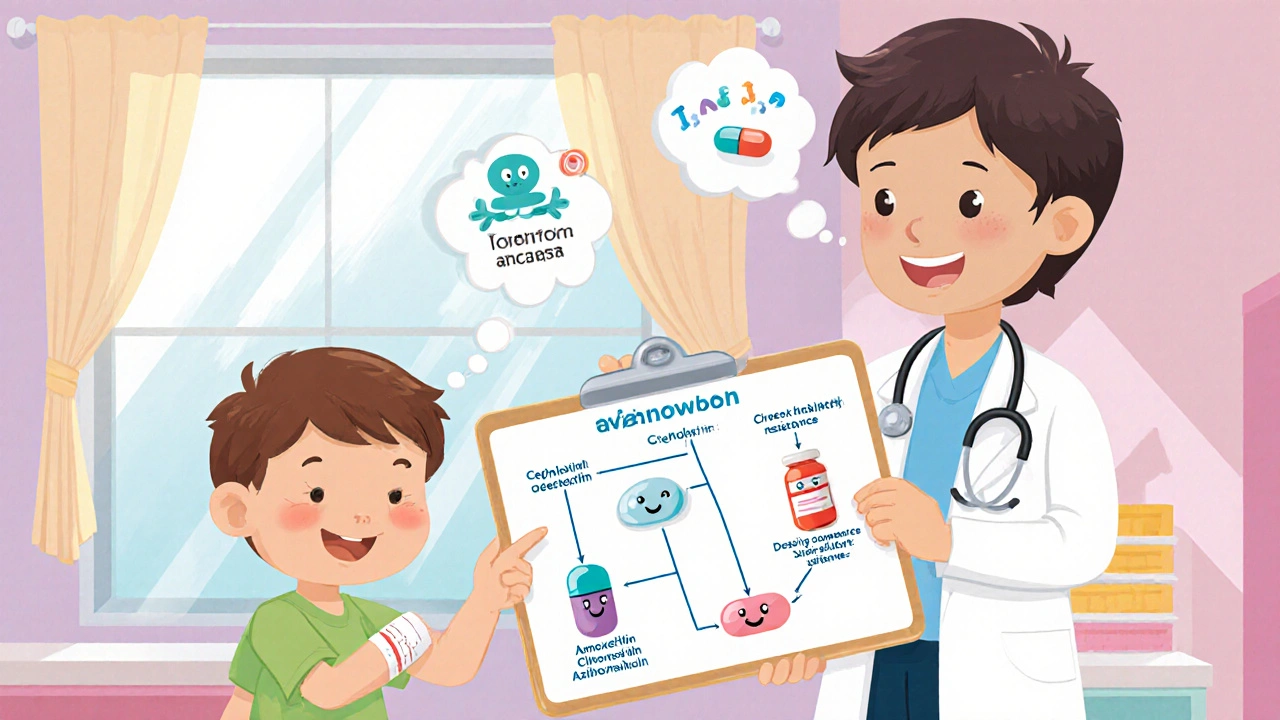 Cartoon doctor and patient reviewing an antibiotic decision flowchart.