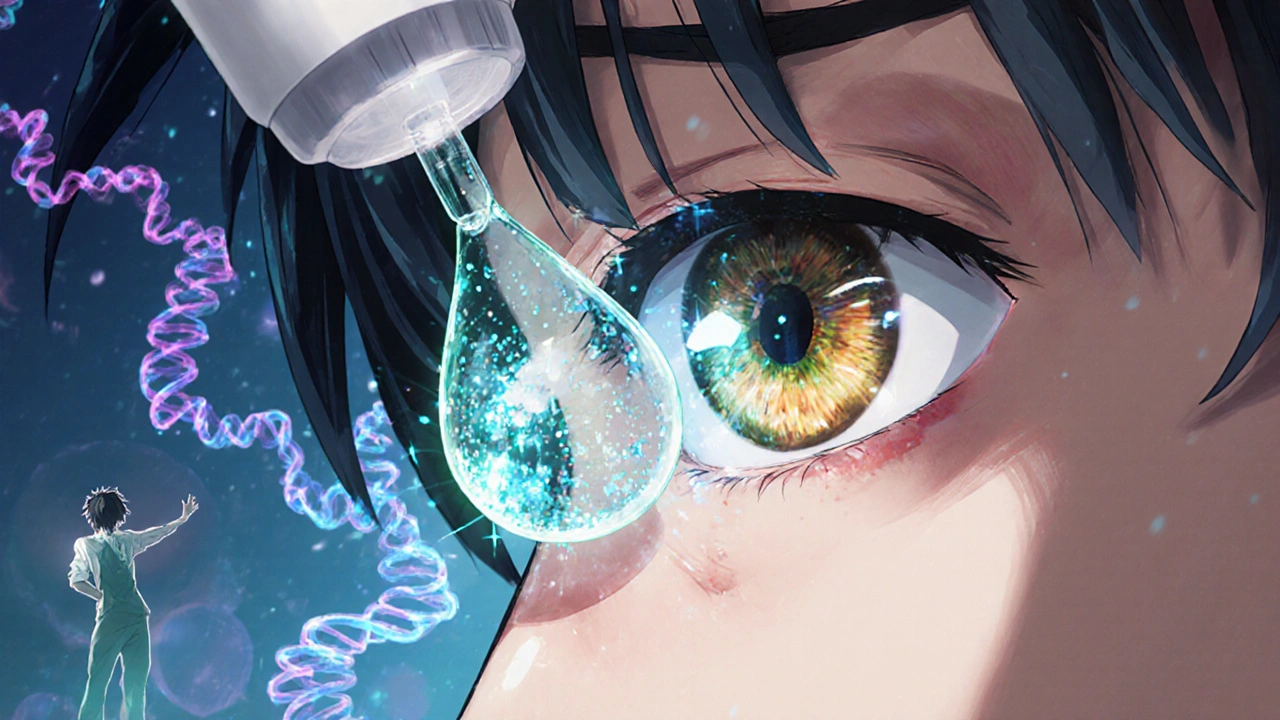 Close‑up of an eye receiving a sparkling besifloxacin drop with molecular graphics.