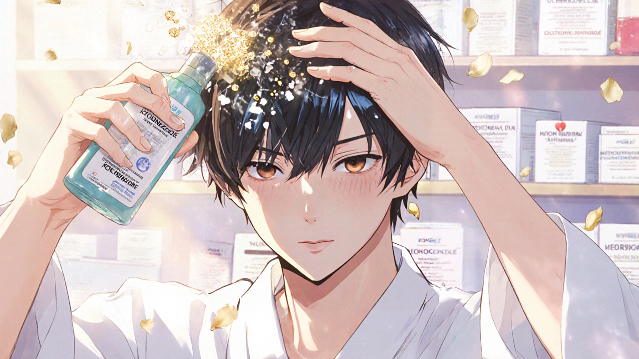 Close-up of hands applying ketoconazole shampoo to the scalp, with glowing fungal spores being washed away.