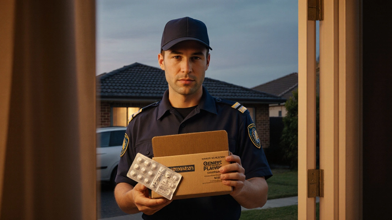 Courier delivering a sealed package of generic Plavix to a home doorstep.