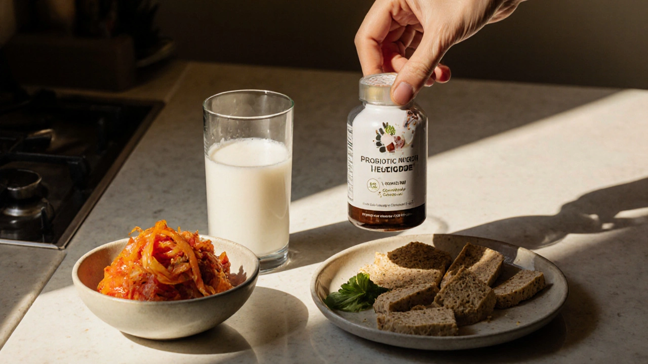 Cozy kitchen table with kefir, kimchi, tempeh and a probiotic supplement bottle.
