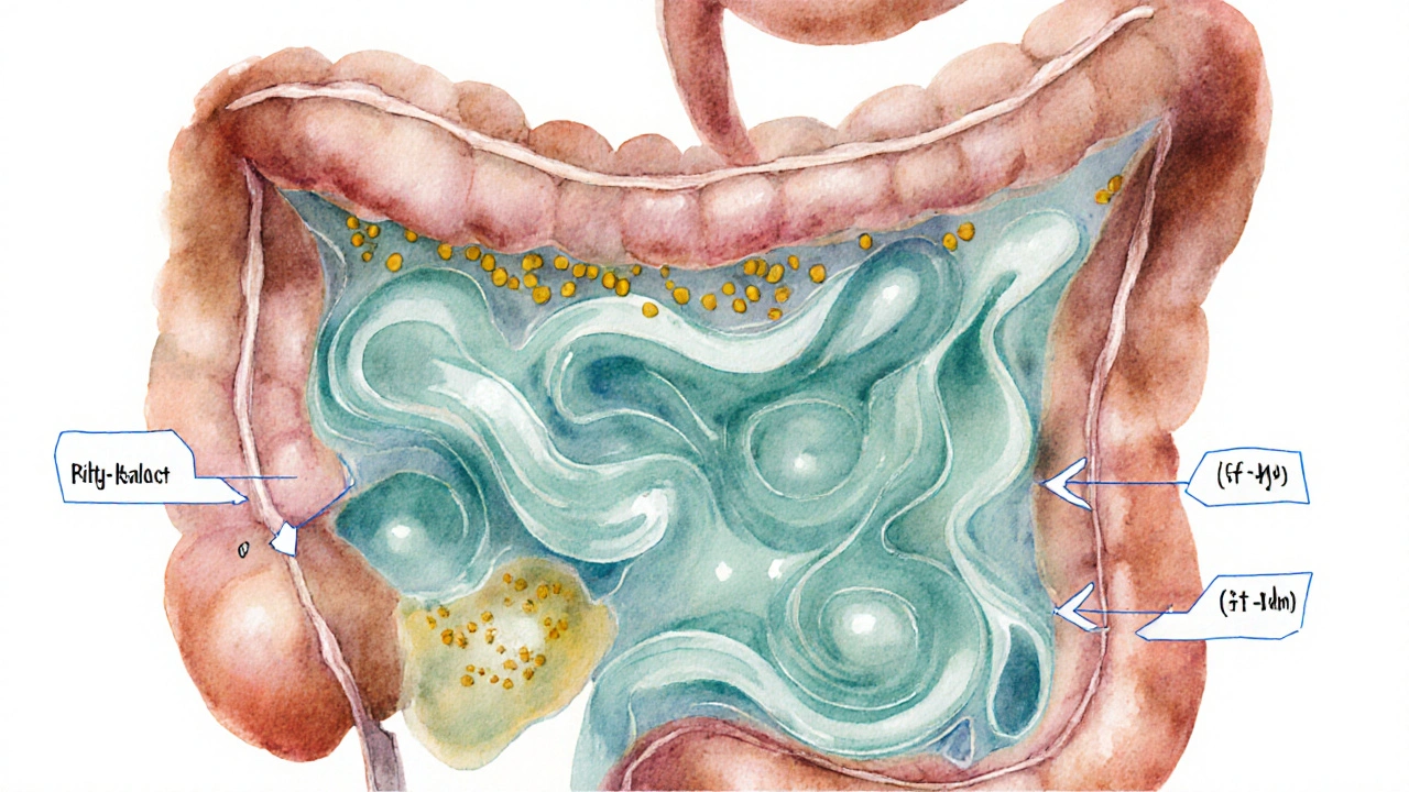 Cross‑section of the intestine showing a gel‑like soluble fiber binding bile acids.