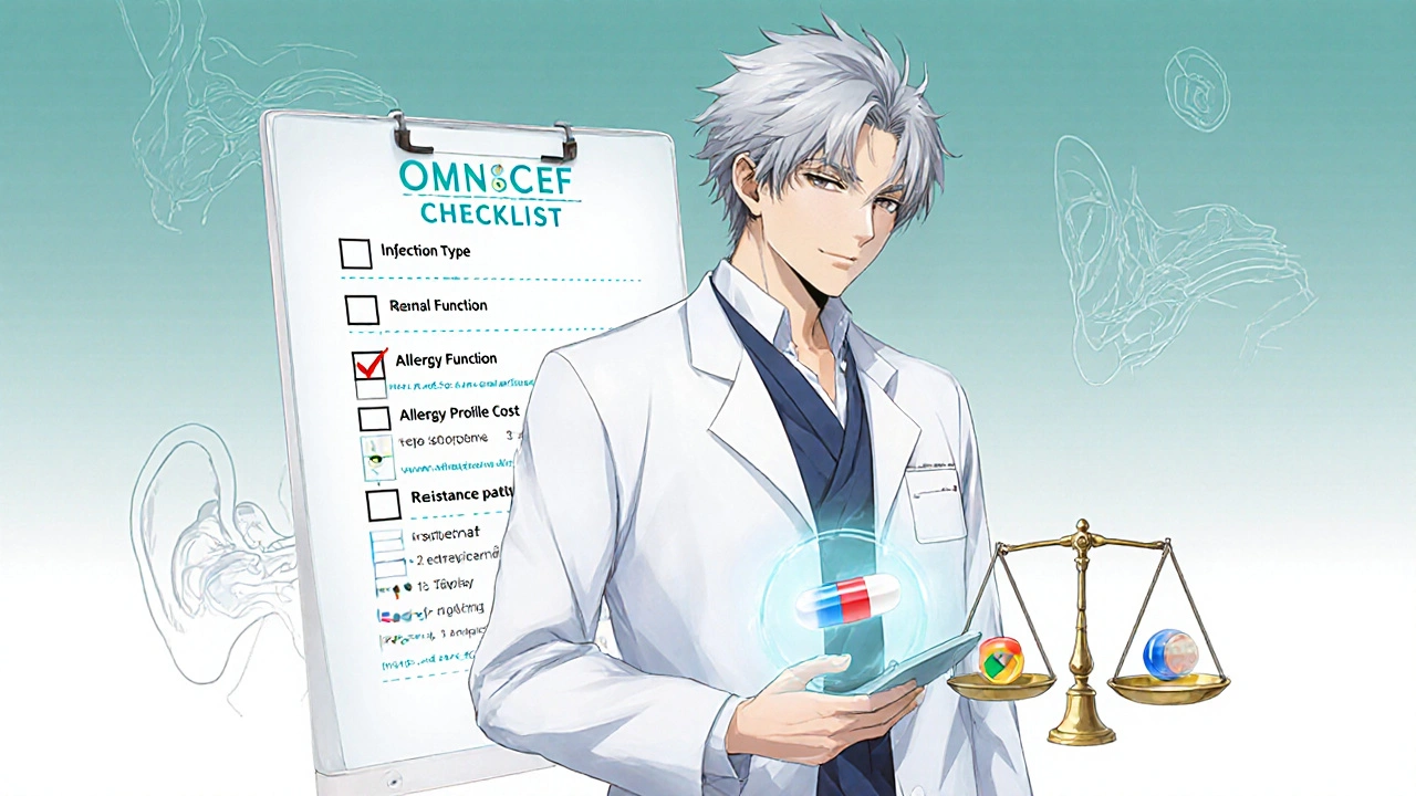 Doctor reviewing a checklist while a scale balances Omnicef against other drugs.