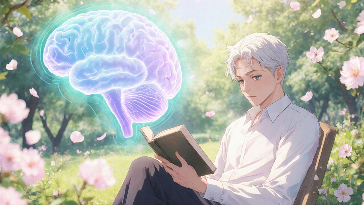 Elderly bishounen reading in a garden with subtle brain diagram overlay.