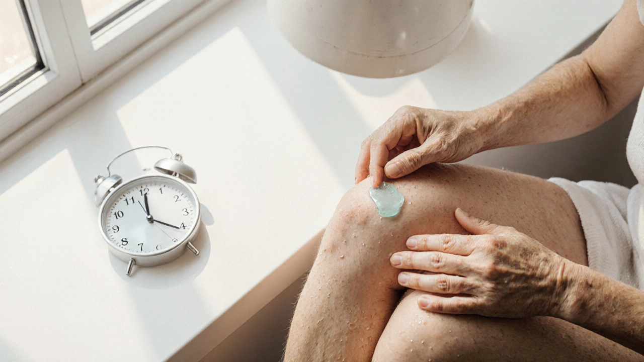 Elderly person applying precise gel amount to knee in bathroom before dressing