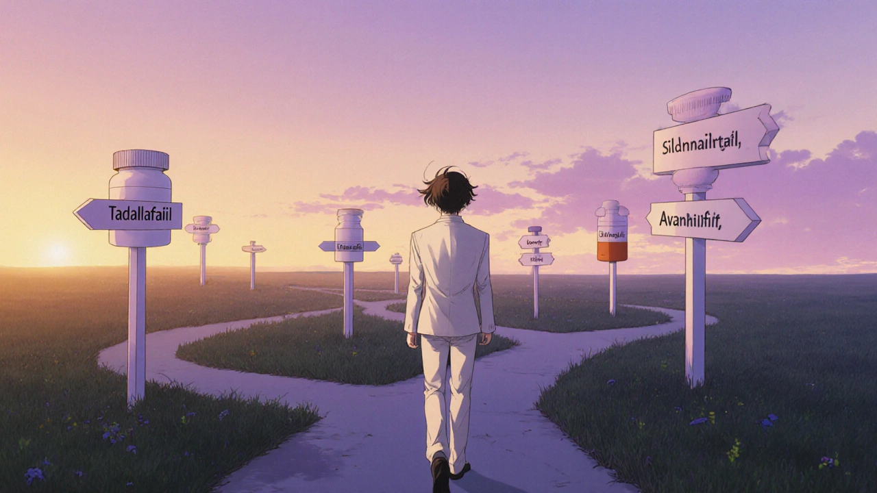 Elegant bishounen walking on a sunset‑lit path with pill‑shaped signposts leading to different horizons.