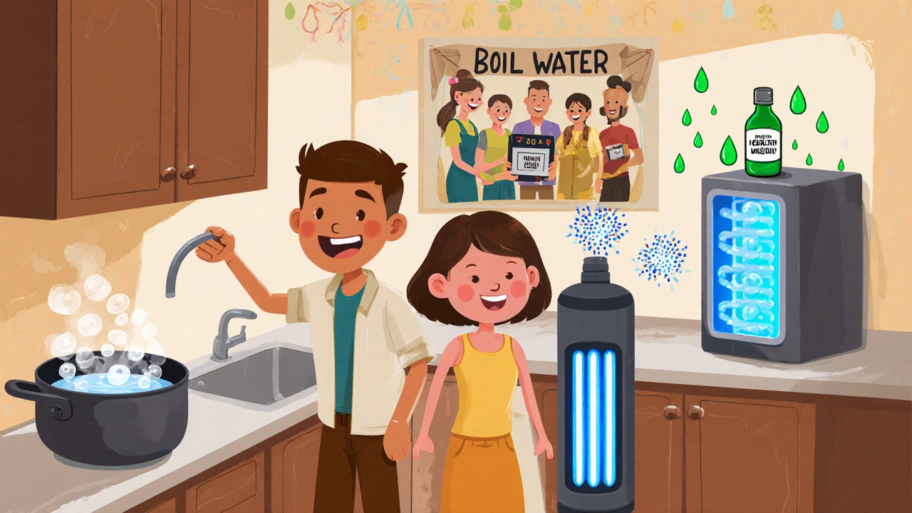 Family boils water, uses UV filter, and receives safe‑water kits from health workers.