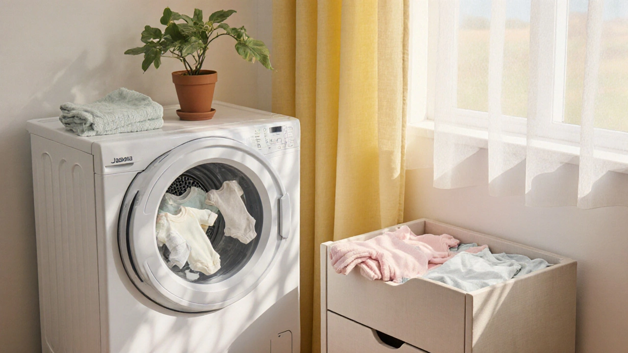 Flat‑design nursery showing low‑heat dryer and breathable drawer with clean baby garments.