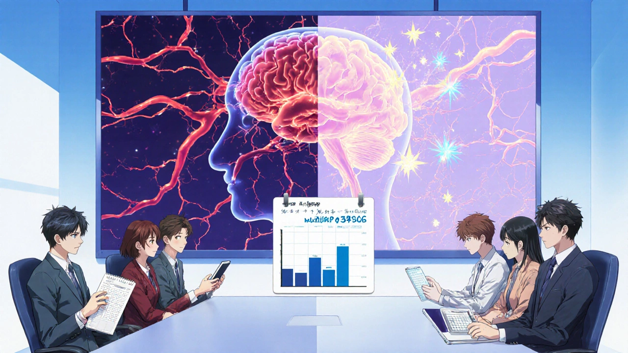 Group of bishounen adults reviewing diaries as brain vessels calm, indicating migraine reduction.