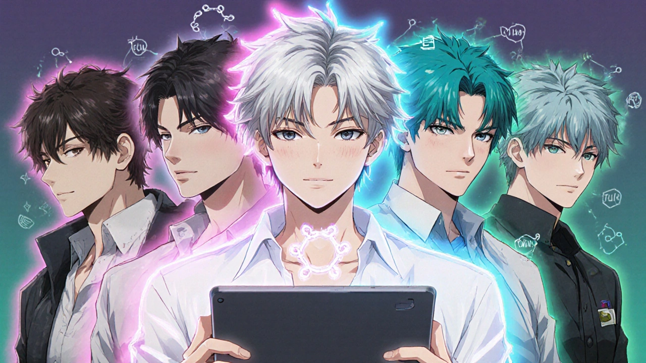 Group of bishounen characters representing different antidepressants, each with colored aura, surrounding a floating tablet.