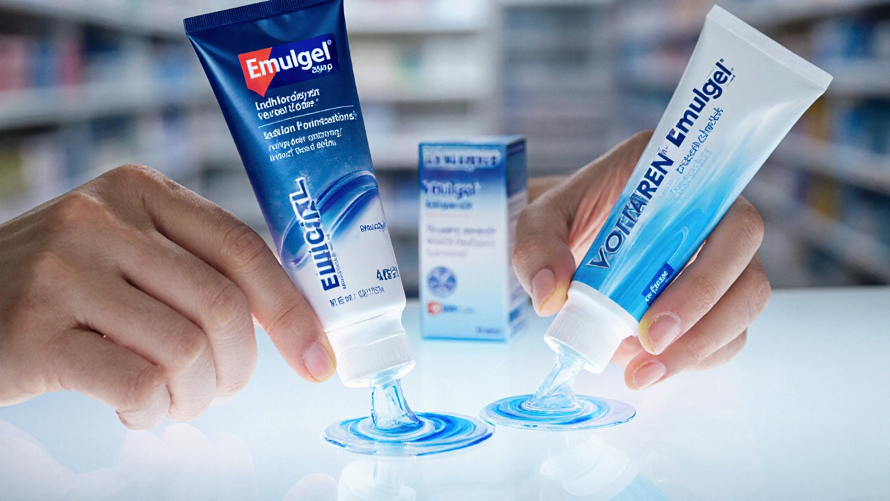Hands comparing two diclofenac gel textures on pharmacy counter surface