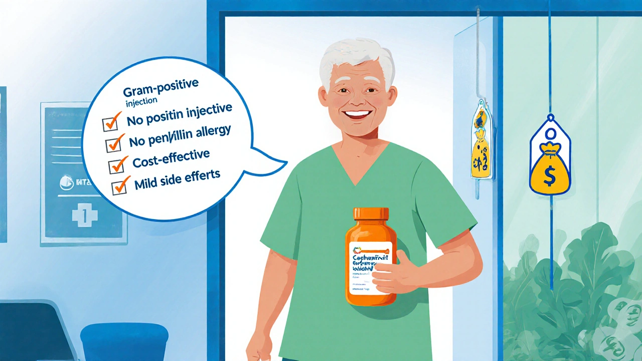 Happy patient holding Cephalexin bottle with a checklist of key points.