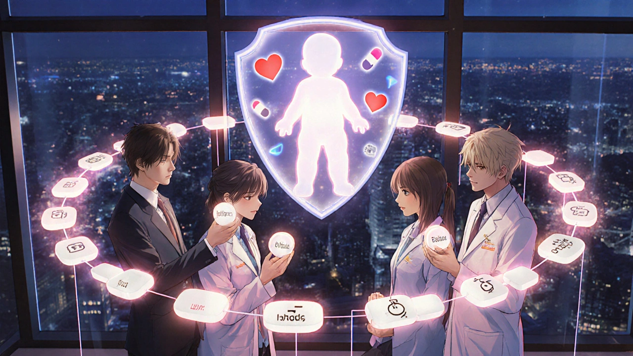 Healthcare providers united by glowing drug data streams, protecting a future baby with folic acid.