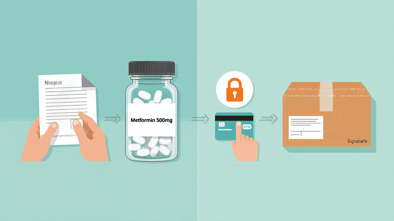 Illustrated steps showing prescription, metformin bottle, payment card, and delivery box.