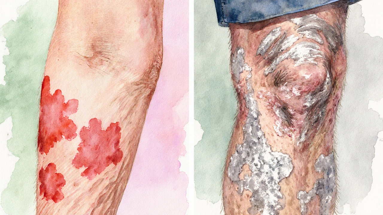 Illustration of red eczema patches and silvery psoriasis scales on senior skin.