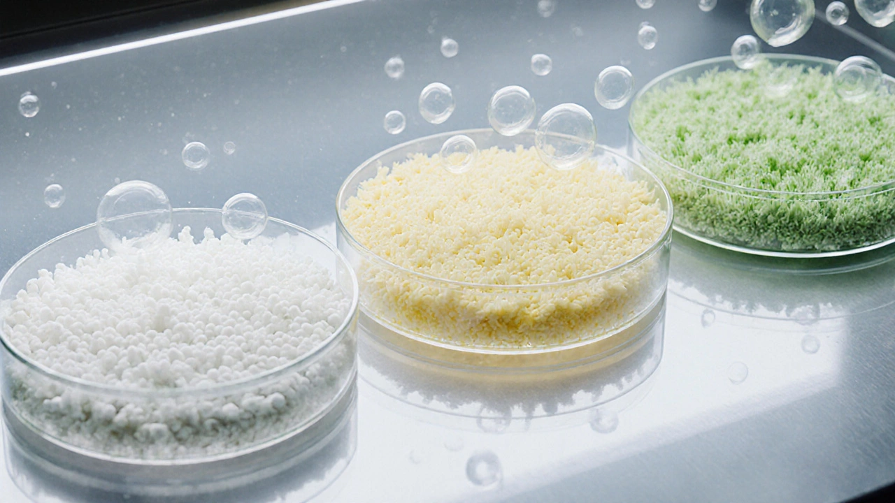 Lab scene with petri dishes of probiotic strains and bubbles representing less gas.