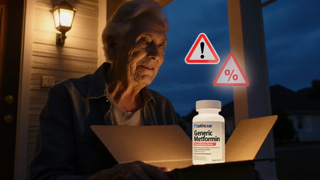Older adult receiving a metformin package with discount and warning icons in the background.