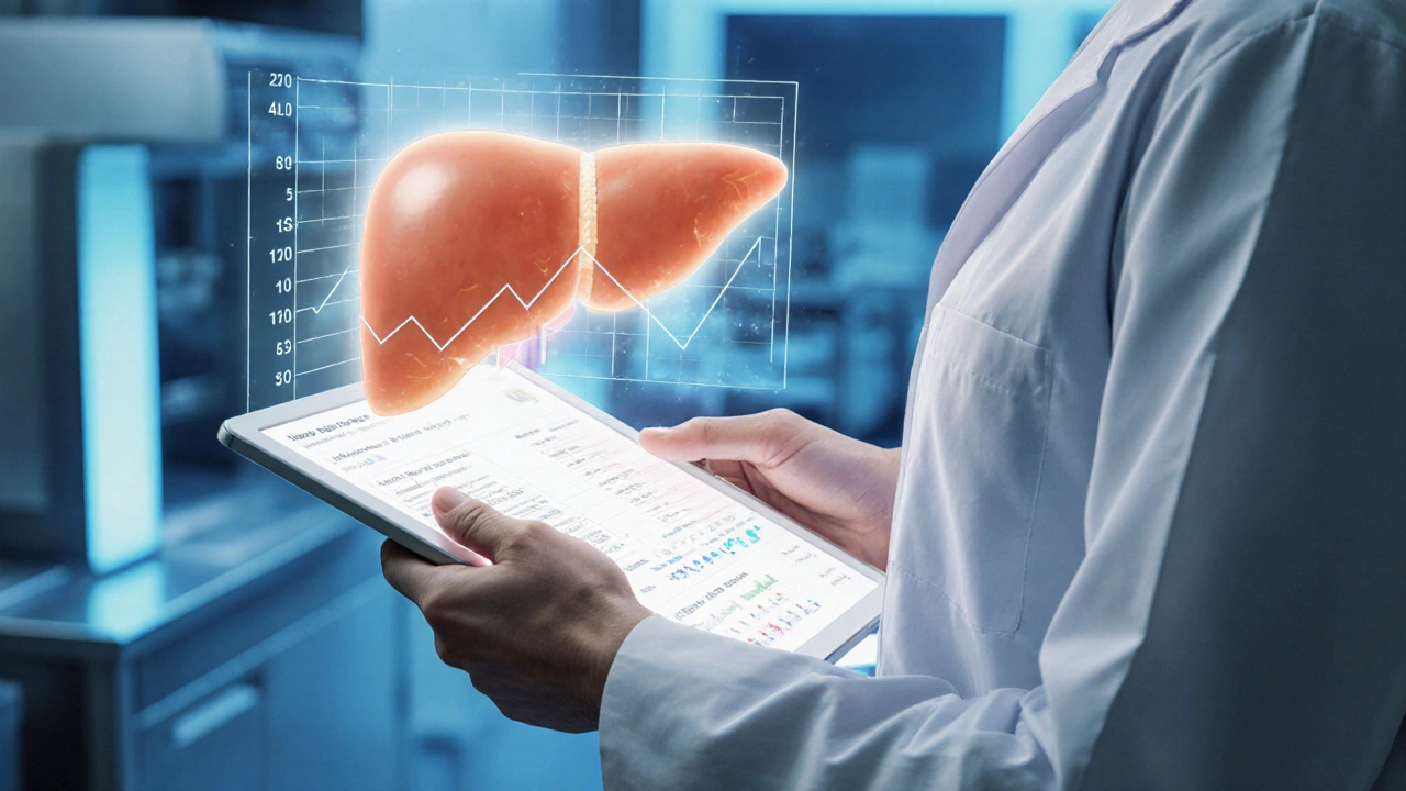 Photorealistic scene of doctor reviewing liver blood test results with a 3D liver model.