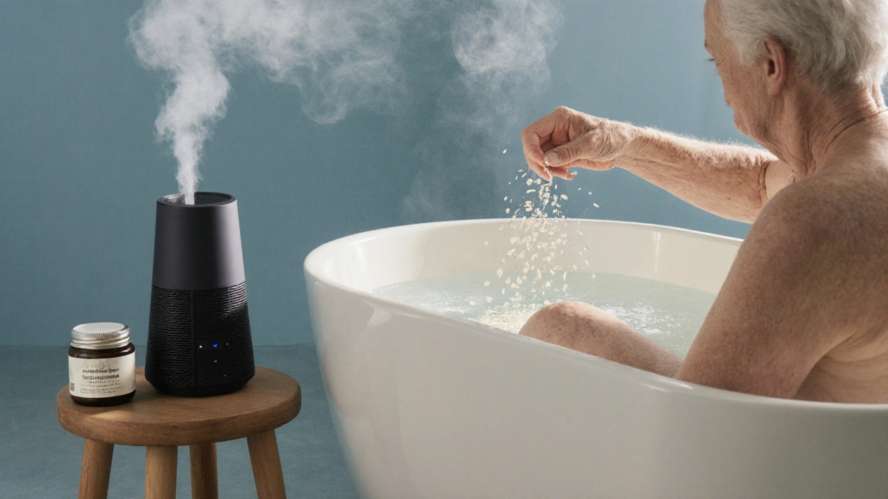 Senior relaxing in an oatmeal bath with a humidifier and moisturizer nearby.
