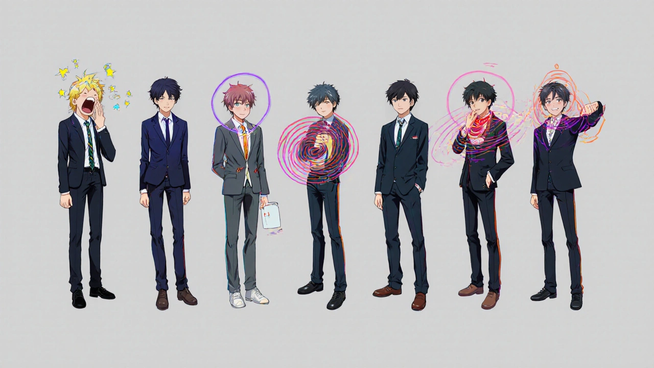 Six bishounen figures each illustrating a distinct side‑effect cue.
