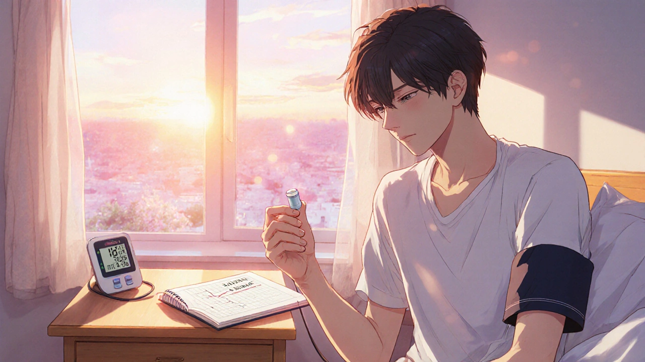 Smiling young man holding Olmesartan tablet with blood‑pressure monitor and migraine diary, sunrise background.