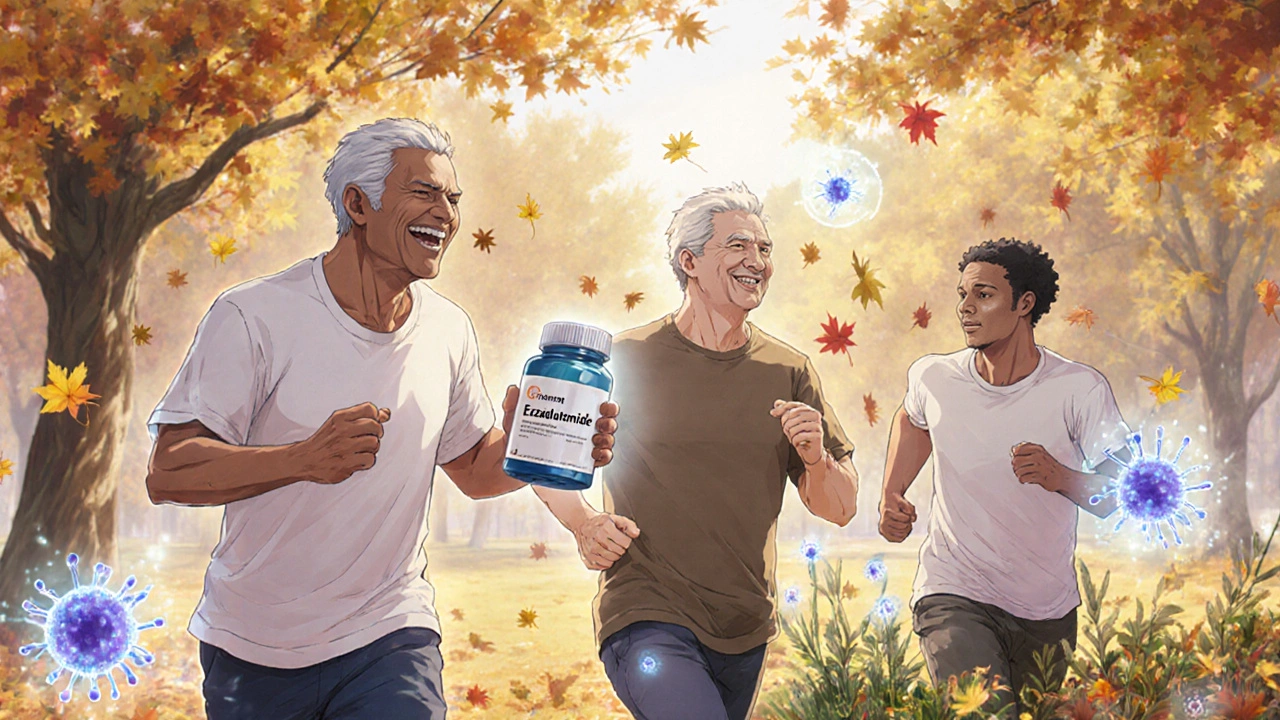 Three men enjoying outdoor activities together, one holding a pill bottle.