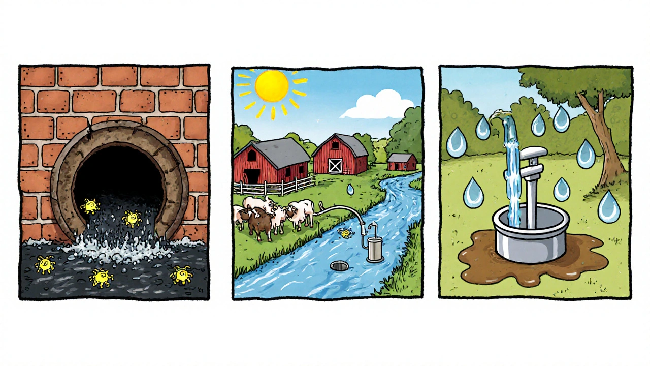 Three panels illustrate sewer leak, farm runoff, and untreated well spreading germs.