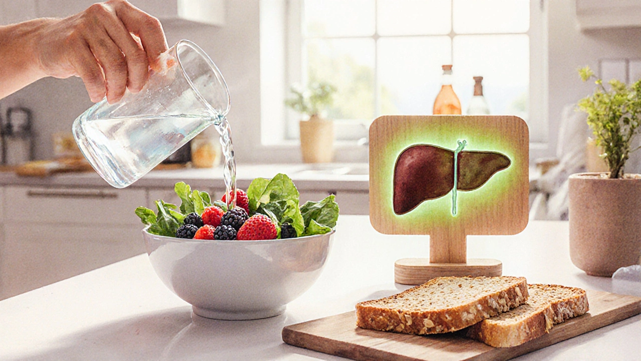 Watercolor kitchen scene showing healthy foods and a glowing liver symbol.
