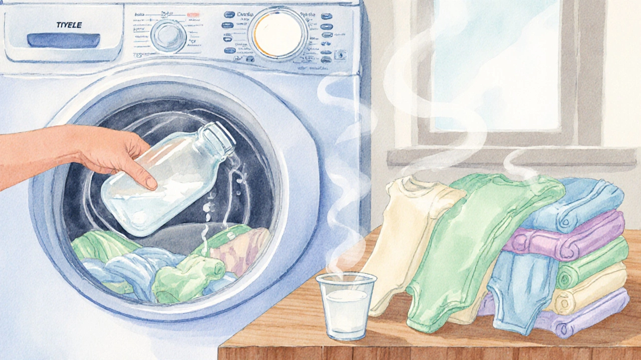 Watercolor of hand adding hypoallergenic detergent and vinegar to a warm wash for baby clothes.