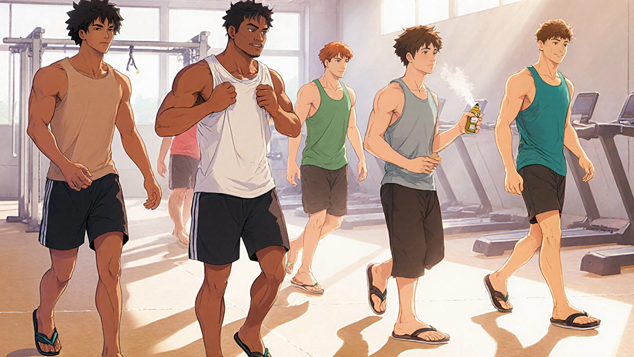 Young people walking barefoot in flip-flops through a gym, practicing fungal infection prevention.