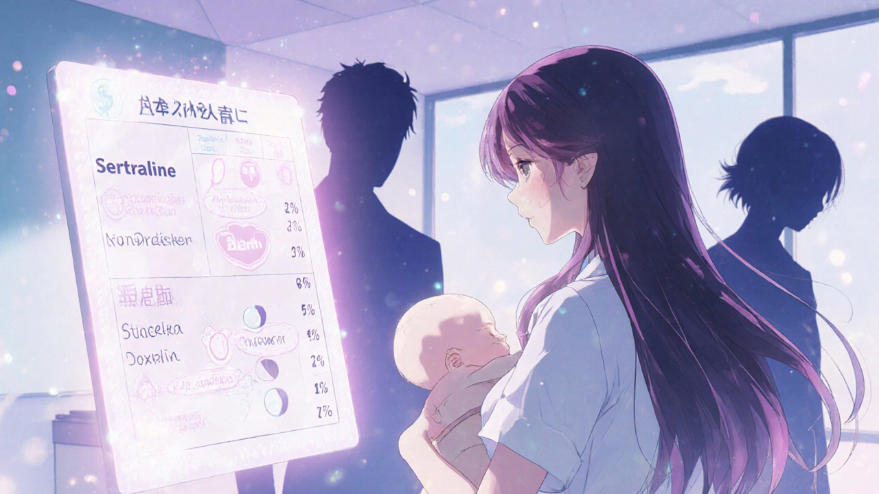 A breastfeeding mother is shown with a glowing medical chart indicating safe drug transfer levels, while risky medications fade away.