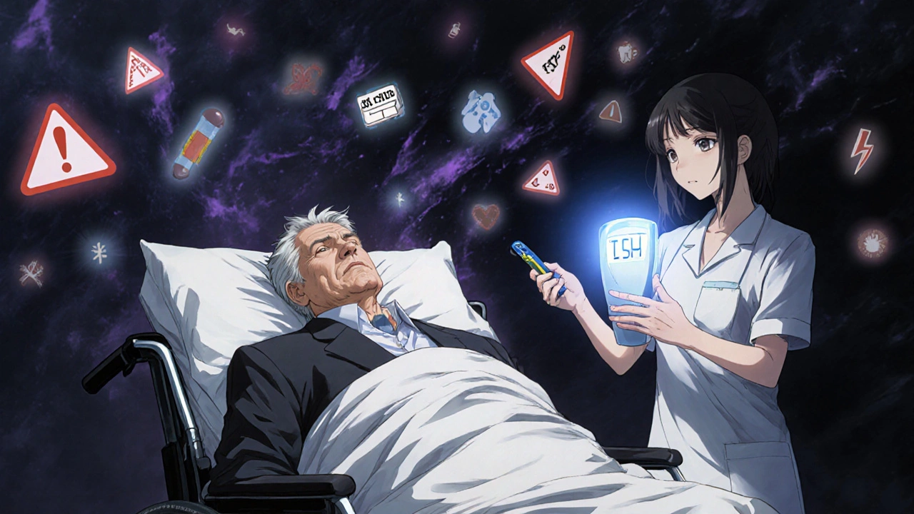 A confused man in an ER, surrounded by floating symbols of infection and cold, as a nurse holds a glowing thyroid test device.