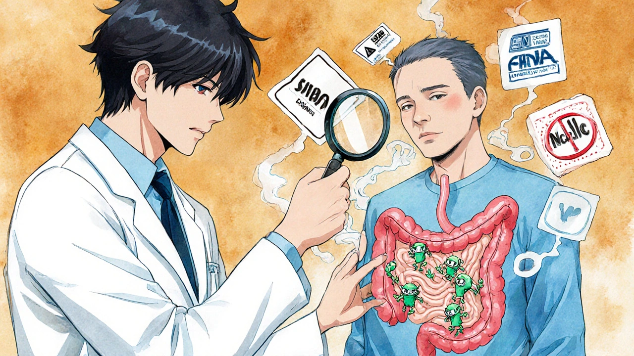 A doctor reveals microbial enzymes fighting bloating goblins inside the gut with glowing icons.