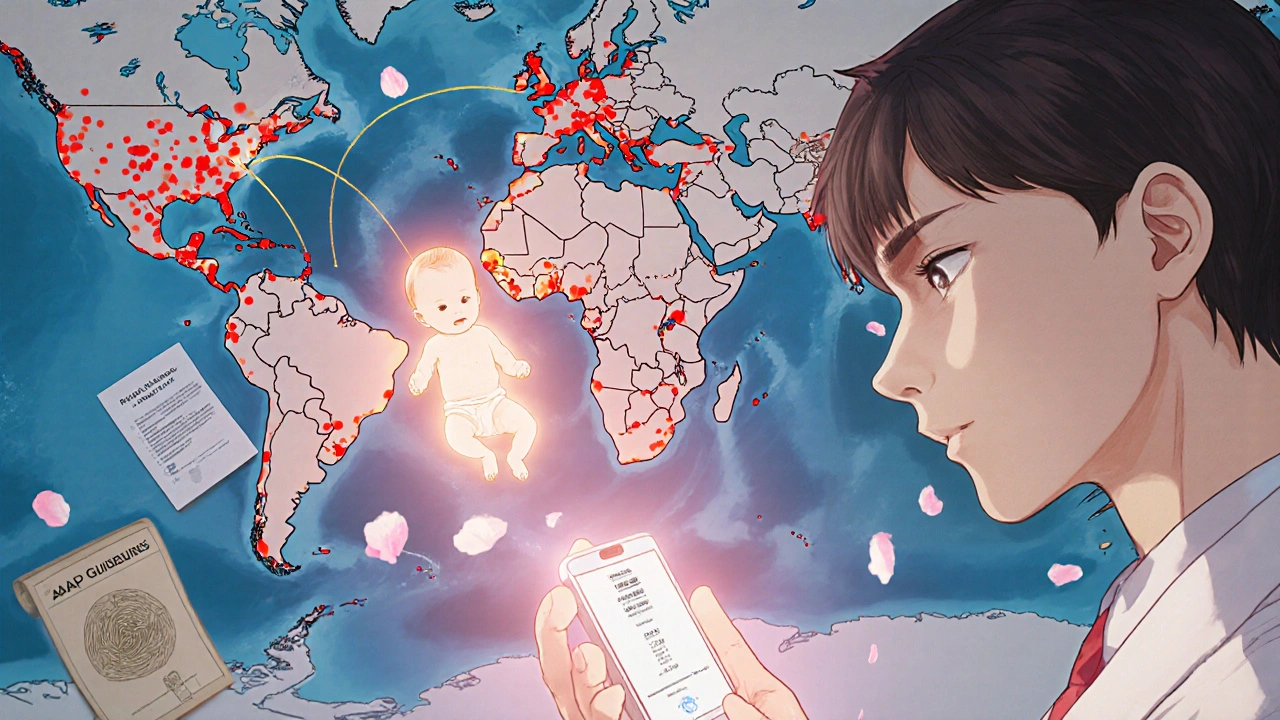 A global map showing dangerous bilirubin threads flowing to vulnerable newborns, contrasted with a safe hospital scene illuminated by a diagnostic device.
