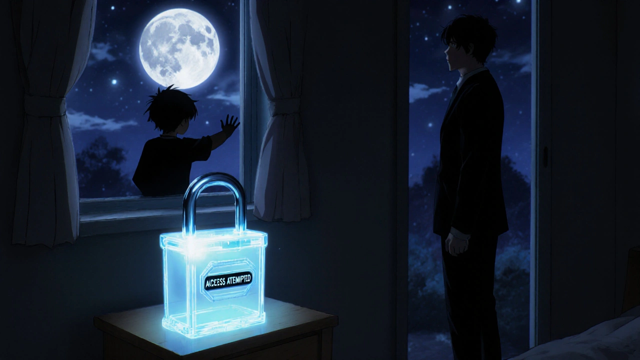 A glowing lockbox alerts with a blue light as a child reaches for it at night.