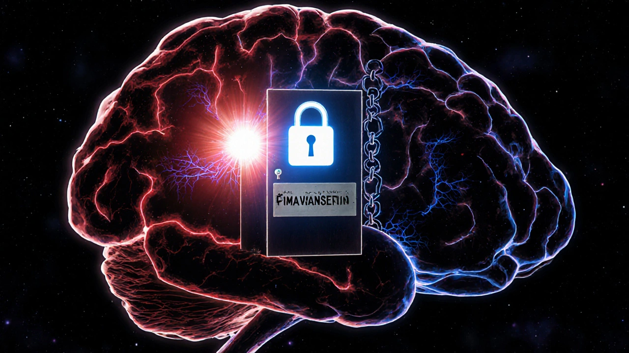 A glowing serotonin receptor unlocks a door in a brain scan, while dopamine pathways remain chained in shadow.
