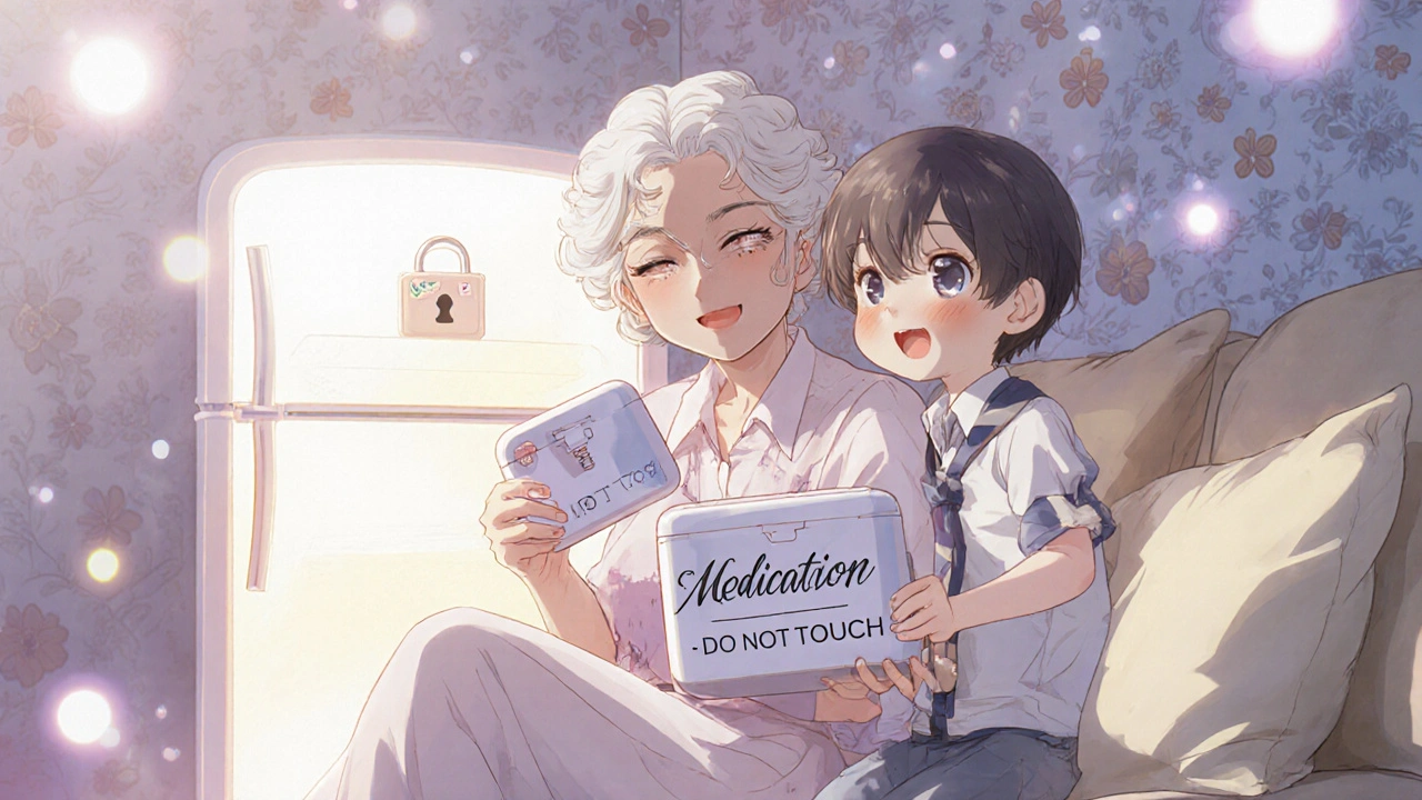 A grandmother and child hold matching lockboxes, with a locked container visible in the fridge.